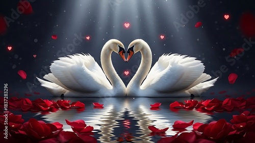Fototapeta Naklejka Na Ścianę i Meble -  Two swans forming a heart shape on dark water with floating rose petals
