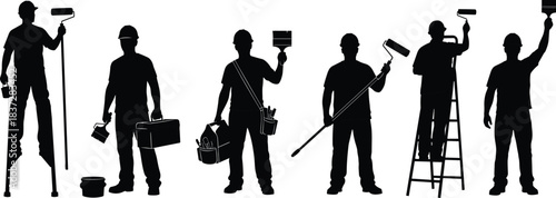 Professional Painter and Decorator Silhouettes Working on Home Renovation Project, Holding Tools Like Paint Rollers, Brushes, Ladders, and Toolboxes, Isolated Vector Set