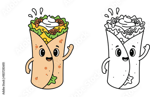 Cute cartoon burrito character waving hand. Vector illustration of happy Mexican food wrap with cheese, vegetables and sauce isolated on white background.