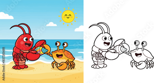 Cute cartoon lobster and crab friends holding a colorful seashell on the beach. Vector illustration of happy sea animals playing on sand under a smiling sun.