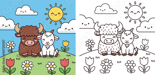 Cute cartoon yak and goat sitting in a flower field. Vector illustration of happy farm animal friends with smiling sun and clouds in a green meadow.