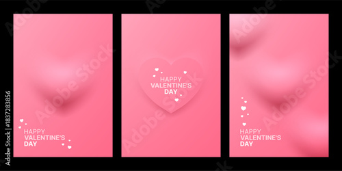 Pink Valentines Day backgrounds with abstract hearts and text. Set of romantic wallpaper banners for greeting card and social media post.