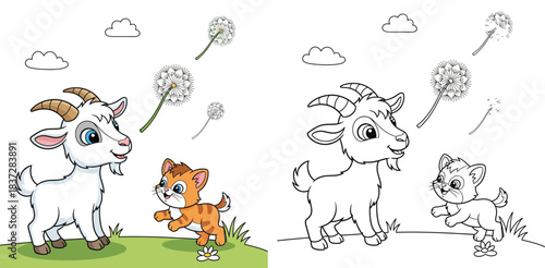 Cute cartoon goat and kitten playing together in a meadow. Vector illustration of farm animal friends with floating dandelions isolated on white background.