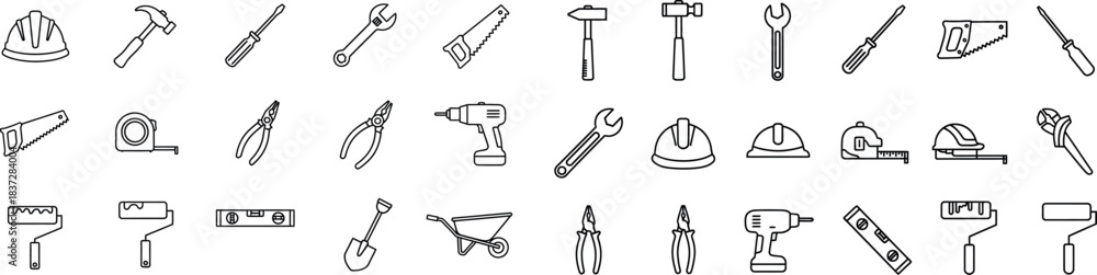 Fototapeta premium Hand drawn sketch of various tools and equipment for home improvement projects