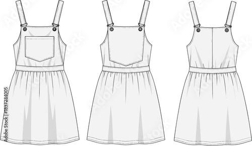 Pinafore dress fashion sketch, adjustable straps, patch pocket, gathered skirt, technical flat, garment design, apparel illustration, vector template