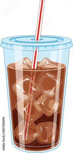 PrintVector illustration of a cold iced drink in a clear plastic cup with straw and ice cubes, ideal for cafe and beverage designs.