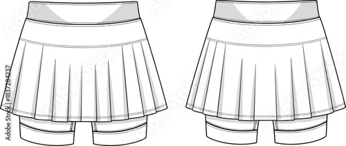 Pleated skort technical sketch, fashion flat front and back view, built-in shorts design, waistband detail, apparel vector template, clothing illustration