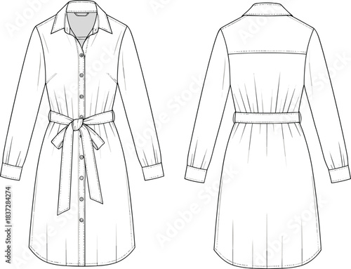 Shirt dress technical sketch, fashion flat front and back view, collared neckline, waist tie belt, button-down design, apparel vector template