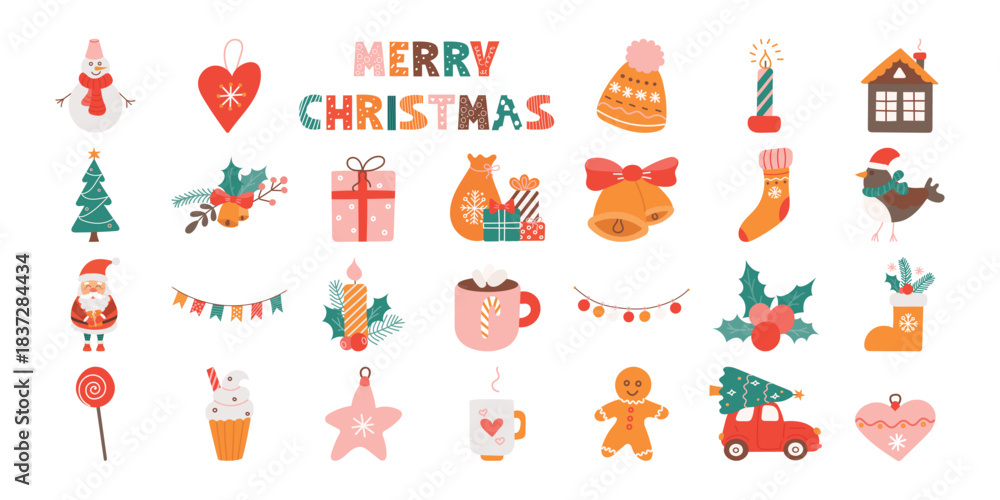 Naklejka premium Festive Christmas Collection | Snowman, Ornaments, Gifts, Candle, Tree, Stocking, Bell, Gingerbread, Hot Chocolate, Wreath, Holly