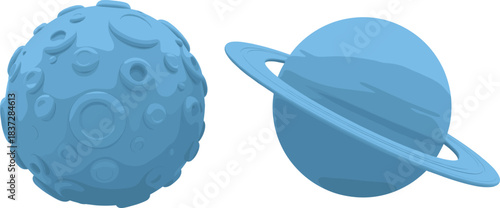 Blue vector illustration of a cratered moon and a ringed planet representing space, astronomy, cosmic exploration, and celestial bodies.