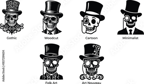 Skull Silhouettes Collection Wearing Top Hat and Monocle, Different Gentleman Art Styles Vector