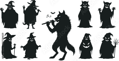 Spooky Halloween music band: werewolf, demons, and evil witches playing flute.