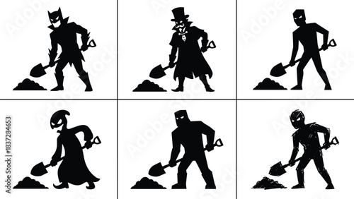 Superhero villains and spooky characters digging with shovel and dirt pile.