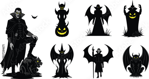 Vampire and gargoyle vector silhouette collection for scary Halloween design projects