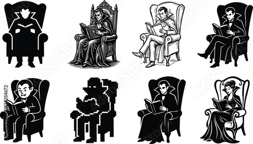 Vampire Draculas and female reading book while sitting in ornate chair.