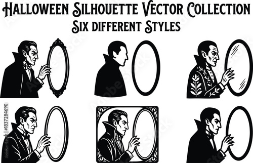 Vampire Draculas looking in mirror with no reflection vector silhouette set.