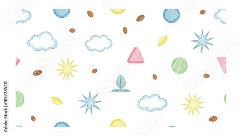 Whimsical Watercolor Patterns: A cheerful watercolor pattern, adorned with playful cloud, sun, and leaf designs. capturing the joy and vibrant colors. 