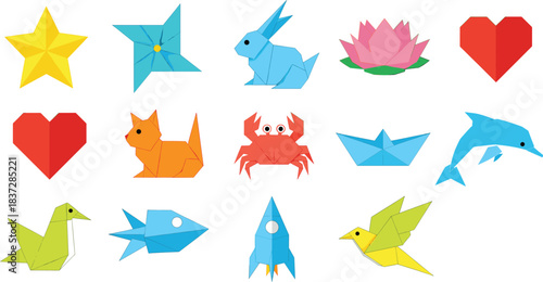 Colorful origami animals, flowers, hearts, and geometric shapes collection in modern flat vector illustration set.