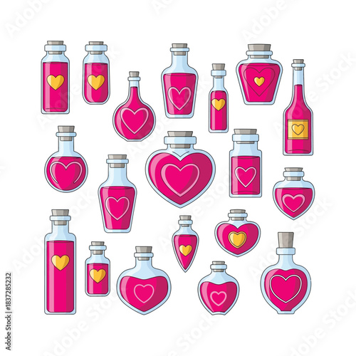 Collection of heart shaped potion bottles isolated on white background