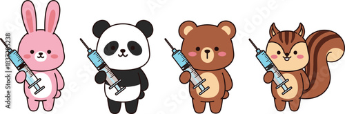 Cute animals holding syringes in a health and vaccination theme, featuring bunny, panda, bear, and squirrel in kawaii style.