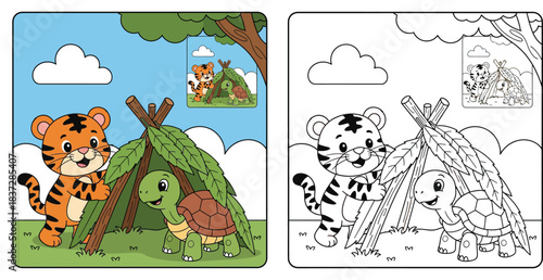 Cute cartoon tiger and turtle building a shelter from leaves. Vector illustration of animal friends camping and playing outdoors under a tree.