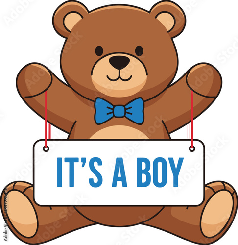Cute teddy bear holding “It’s a Boy” sign illustration for baby shower announcements, newborn celebrations, and gender reveal themes.
