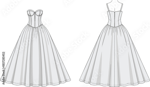 Sweetheart neckline dress sketch, fashion flat front and back view, pleated mid-calf skirt, structured bodice, apparel vector template