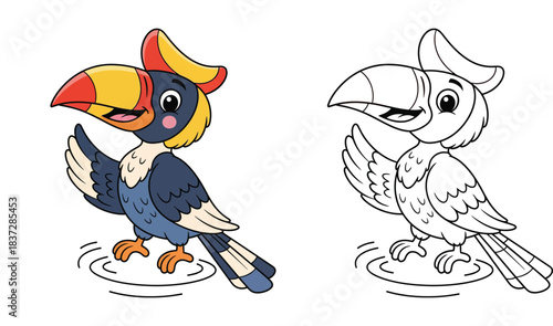 Cute cartoon hornbill bird waving wing. Vector illustration of happy tropical animal character isolated on white background.