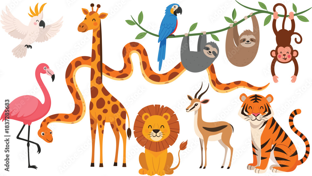 Fototapeta premium Cute vector illustration set of jungle and safari animals including giraffe, tiger, lion, sloth, flamingo, monkey, snake, and parrot.