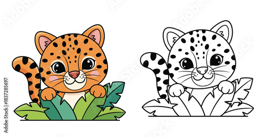 Cute cartoon leopard cub peeking over green tropical leaves. Vector illustration of a happy baby jaguar or cheetah isolated on white background.