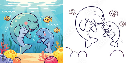 Cute cartoon mother manatee and baby calf swimming underwater. Vector illustration of happy sea cows in the ocean with fish and coral reef.