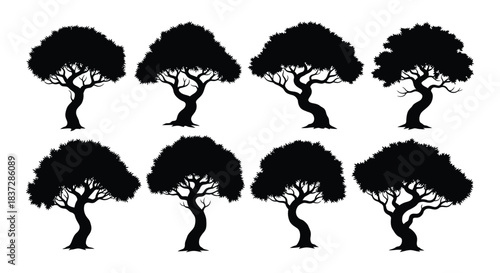 Stunning collection of eight unique stylized black tree silhouettes perfect for landscape design accents
