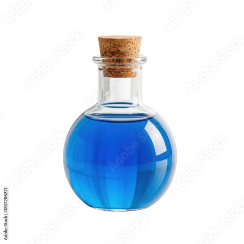 Glass flask with blue liquid isolated on transparent background for science and laboratory use