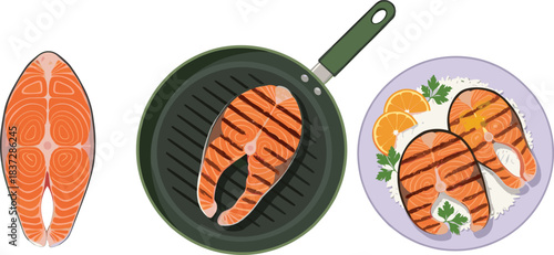 Fresh salmon steak raw, grilled in pan, and served with rice, parsley, and orange slices in a clean illustration.