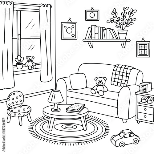 Bedroom interior design featuring a bed, window, and furniture set in a home vector art illustration style