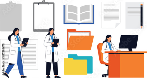 Medical document icons with doctors, clipboards, folders, reports, and office workstation for healthcare record management illustrations.