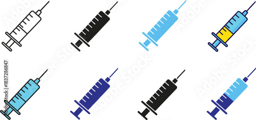 Medical syringe icons in various colors, vaccination injection illustrations for healthcare, hospital equipment graphics, and medical design elements.