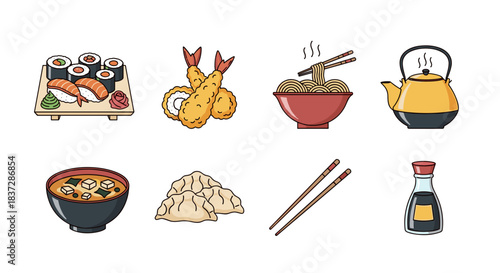 Set of various traditional japanese food and drink icons