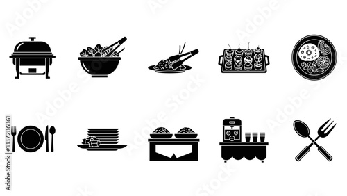 Collection of black and white catering and food service icon set