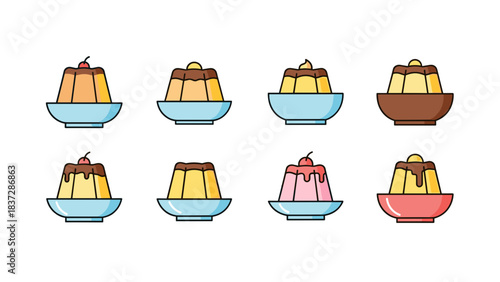 Set of eight flan or creme caramel dessert icons