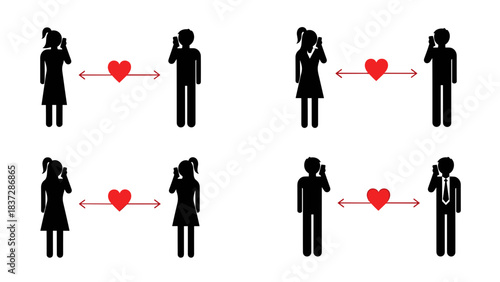 Silhouettes of couple talking on phone with heart symbol distance