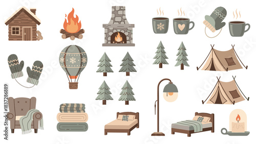 Cozy winter cabin and camping elements set for holiday season