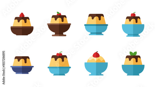 Set of eight different custard pudding dessert icons