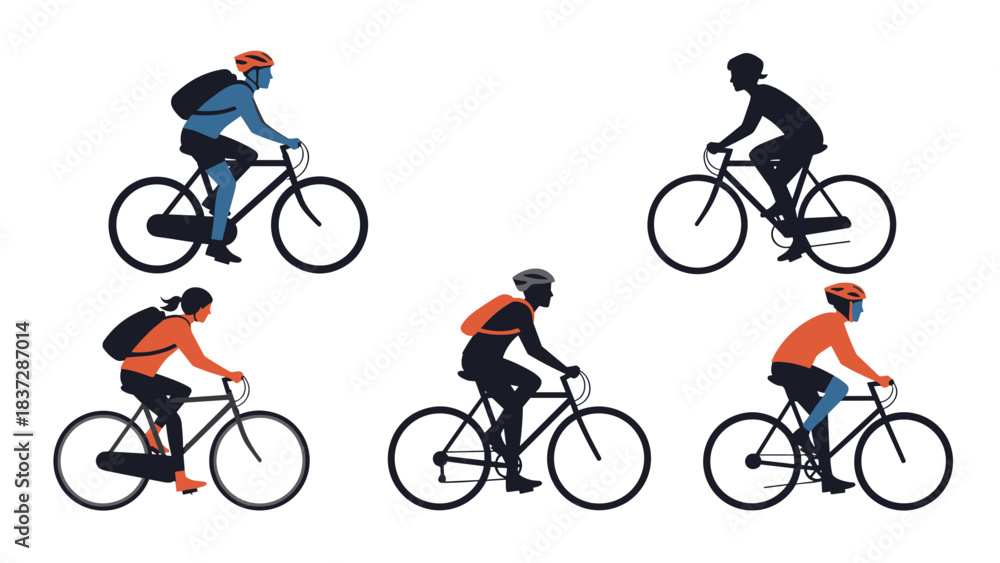 Fototapeta premium Set of diverse cyclist silhouettes riding bicycle