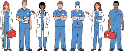 Medical team illustration featuring diverse doctors and nurses in uniforms, ideal for healthcare, hospitals, clinics, and medical services visuals.