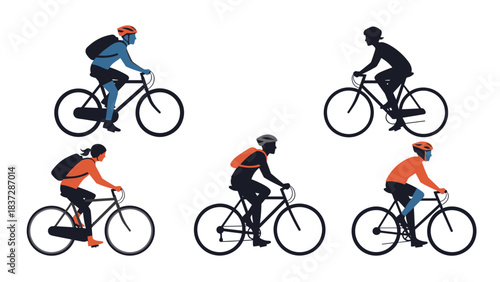 Set of diverse cyclist silhouettes riding bicycle