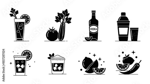 Set of eight black and white cocktail and ingredient icons