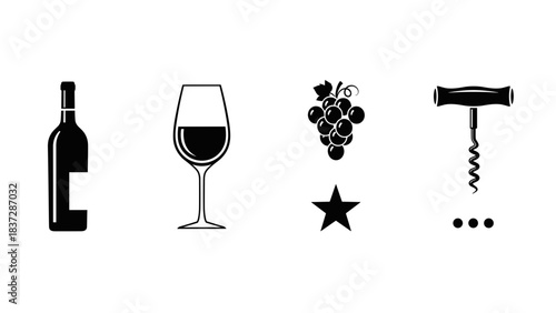 Set of black and white icons related to wine