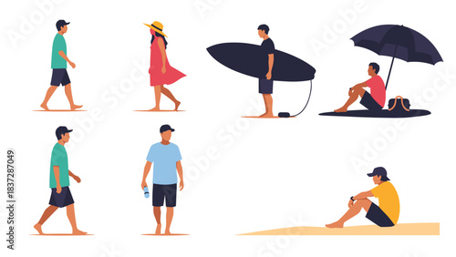 Set of diverse people enjoying summer beach activity
