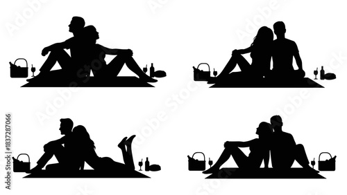 Four silhouette couple picnic poses